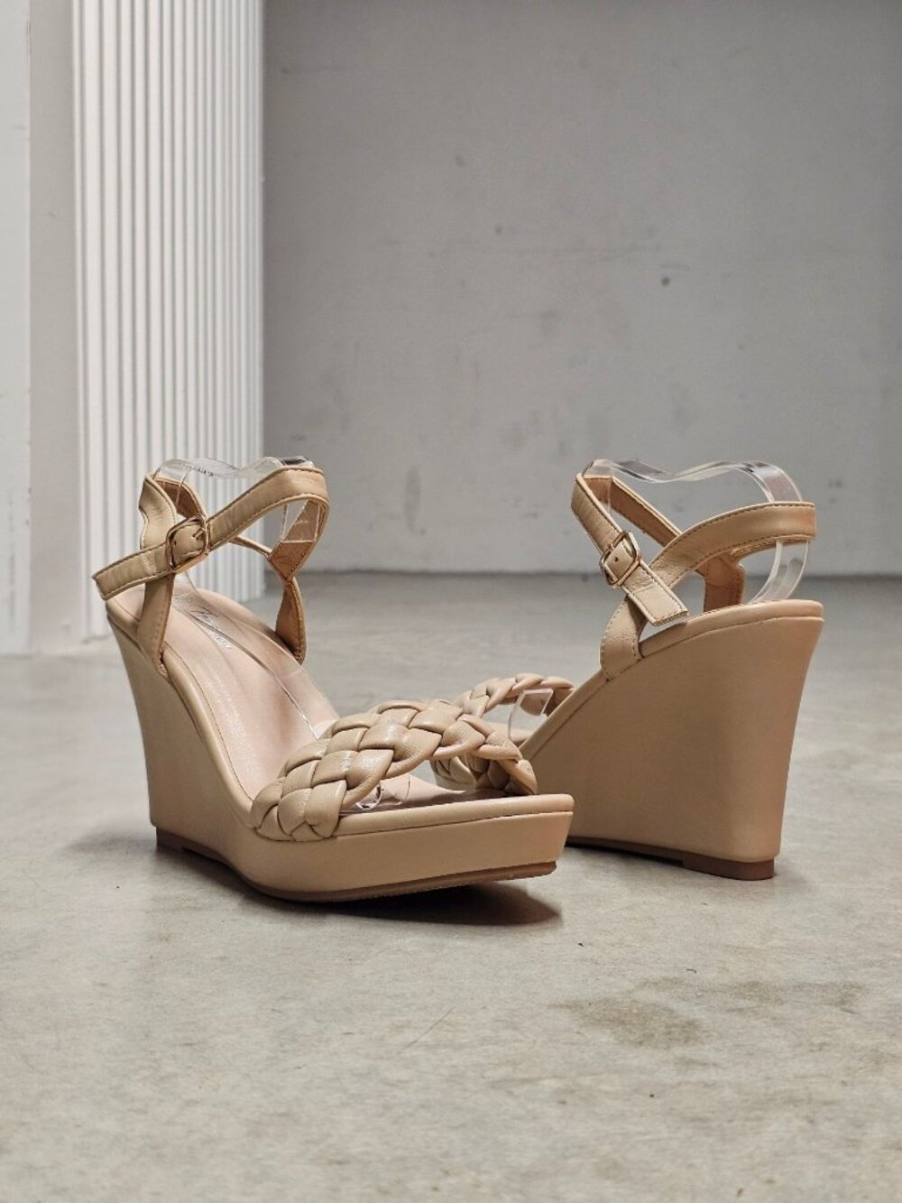 Braided Taupe Wedge Sandals With Adjustable Ankle Strap For Women